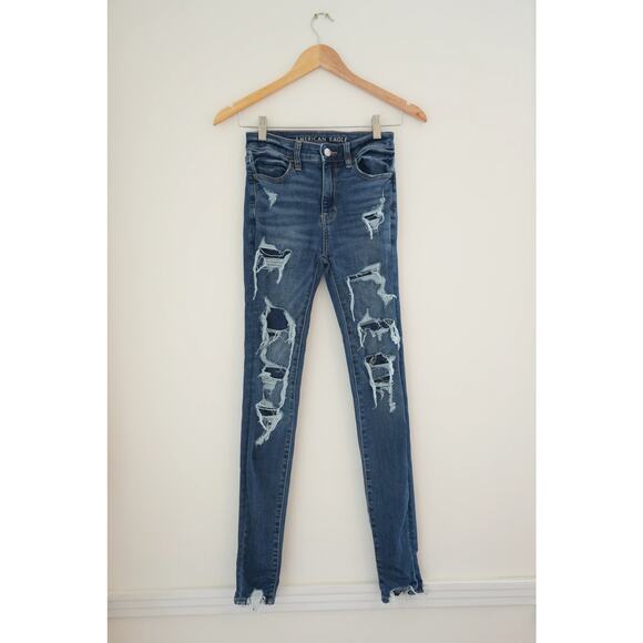 American Eagle Dark Wash Hi-Rise Distressed Jeggings Size 000 - Picture 1 of 6